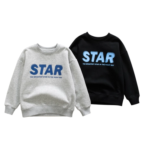 Childrens Round Neck Sweatshirt Cotton Blend Fleece Lined Long Sleeve Star Print Casual Pullover Boys Girls