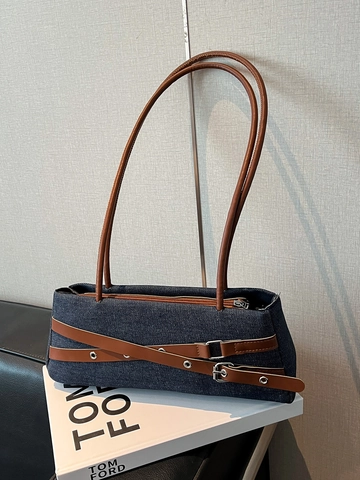 Vintage Denim Und PU Leder Unterarmtasche Für Damen Retro Schultertasche Mit Gürtelschnalle Detail Modische Pendler Tote Bag