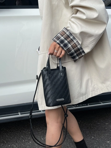 Mini Woven PU Leather Tote Bag Women Crossbody Shoulder Phone Bag Handheld Solid Color Korean Style