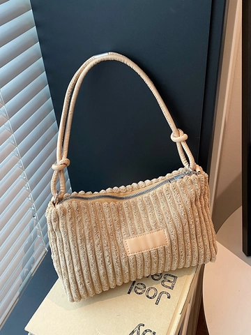 Damen Minimalistische Cord Unterarmtasche Einfarbig Schultertasche Mit Knoten Riemen Retro Pendeln Reißverschluss Handtasche