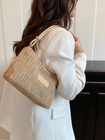 Damen Minimalistische Cord Unterarmtasche Einfarbig Schultertasche Mit Knoten Riemen Retro Pendeln Reißverschluss Handtasche