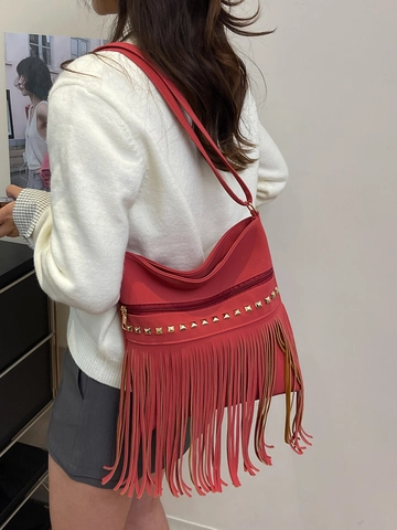 Women Tassel Shoulder Bag PU Leather Gold Square Rivet Bohemian Crossbody Tote Large Capacity Versatile