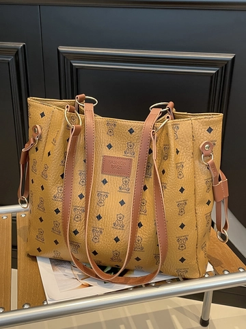 Bolso Tote de Mujer de Cuero PU con Estampado de Oso Gran Capacidad Bolso de Hombro Retro Casual Bolso de Mano de Uso Diario para Mujer
