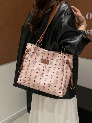 Bolso Tote de Mujer de Cuero PU con Estampado de Oso Gran Capacidad Bolso de Hombro Retro Casual Bolso de Mano de Uso Diario para Mujer