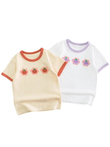 Girls Short Sleeve T-Shirt 100% Cotton Cartoon Flower Pattern Ringer Tee Round Neck Summer Casual Top For Kids