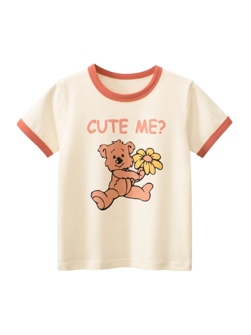 Mädchen Kurzarm T-Shirt Baumwolle Cartoon Bär Druck Kontrast Rundhals Lässiges Sommer Ringer Oberteil Für Kinder