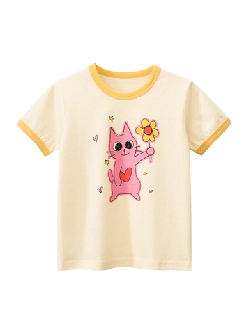 Girls Cartoon Cat 100% Cotton Short Sleeve T-Shirt Contrast Trim Crew Neck Summer Casual Breathable Grade A Soft Top