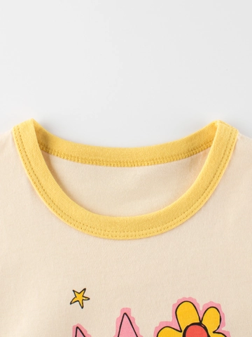 Girls Cartoon Cat 100% Cotton Short Sleeve T-Shirt Contrast Trim Crew Neck Summer Casual Breathable Grade A Soft Top