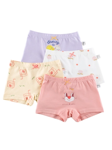 Girls Cotton Boxer Briefs Set Breathable Soft Comfortable Kids Underwear With Cute Cartoon Rabbit Fruit Print And Bow Decor