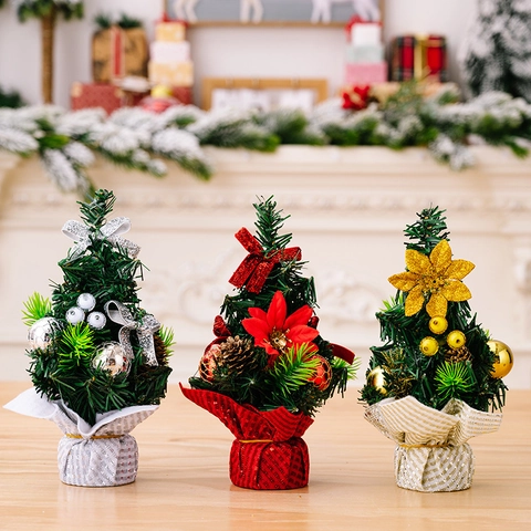 Mini Artificial Christmas Tree Desktop Decoration PVC Plastic Bows Pine Cones For Holiday Party Office Home