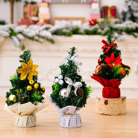 Mini Artificial Christmas Tree Desktop Decoration PVC Plastic Bows Pine Cones For Holiday Party Office Home