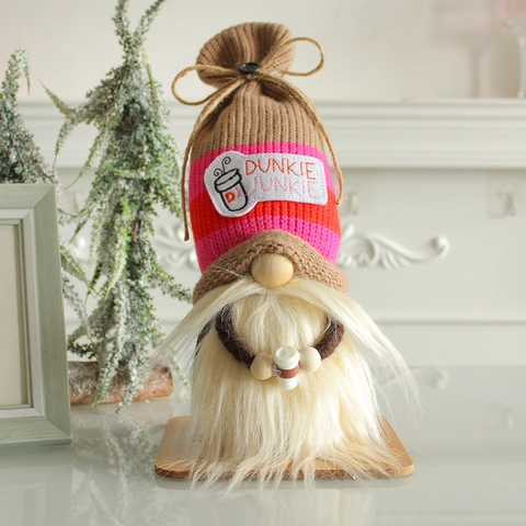 Gnomo in Maglia Tema Amante del Caffè Rosa a Righe Bambola Nordica Senza Volto Natale Motivo Tazza da Caffè Statuetta Peluche