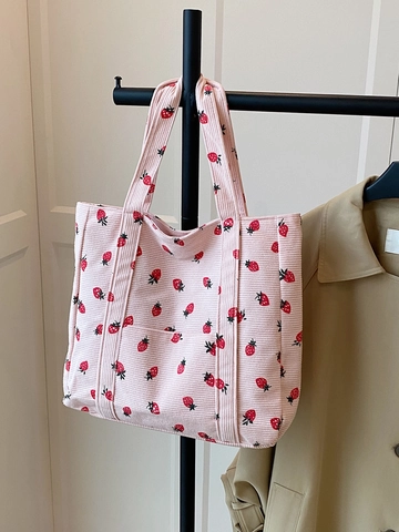 Women's Corduroy Strawberry Print Tote Bag Fresh Sweet Shoulder Bag Large Capacity Shopper Handbag For Travel Daily School