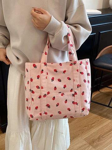 Women's Corduroy Strawberry Print Tote Bag Fresh Sweet Shoulder Bag Large Capacity Shopper Handbag For Travel Daily School