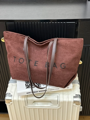 Borsa Tote da Donna in Suede Vintage Grande Capacità Borsa a Tracolla Retrò Con Ricamo di Lettere Borsa a Mano Versatile
