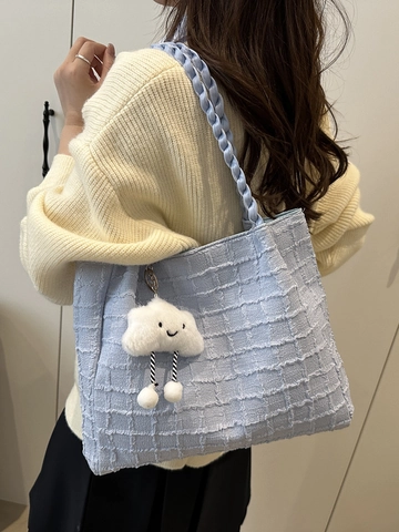 Casual Dames PU Leer Wafeltextuur Tote Bag Grote Capaciteit Schoudertas Met Wolkenhanger Gevlochten Handvat Tas