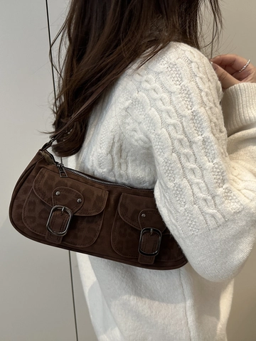 Bolso De Hombro Baguette Para Mujer Cuero PU Textura Gamuza Dos Bolsillos Delanteros Retro Y2K Estampado Leopardo