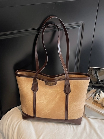 Women Large Capacity Tote Bag PU Leather Contrast Color Minimalist Retro Shoulder Handbag For Commuting Work