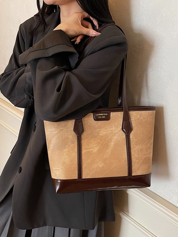 Women Large Capacity Tote Bag PU Leather Contrast Color Minimalist Retro Shoulder Handbag For Commuting Work