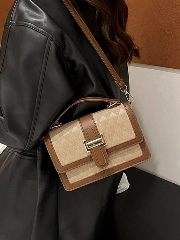 Bolso Bandolera De Cuero PU Con Relieve Geométrico Para Mujer Bolso Cuadrado Pequeño Color Contraste Correa Ajustable