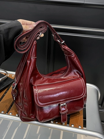Borsa a Tracolla Hobo in Pelle PU Lucida Con Cuciture a Contrasto Grande Capacità Borsa a Mano per Donna Uso Quotidiano