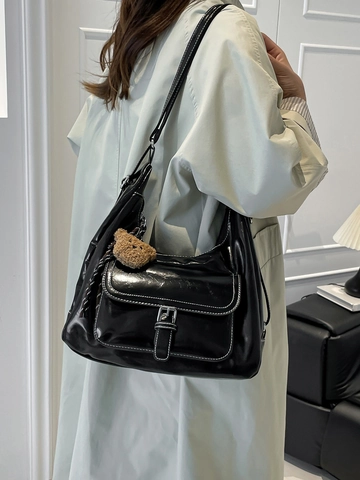 Borsa a Tracolla Hobo in Pelle PU Lucida Con Cuciture a Contrasto Grande Capacità Borsa a Mano per Donna Uso Quotidiano