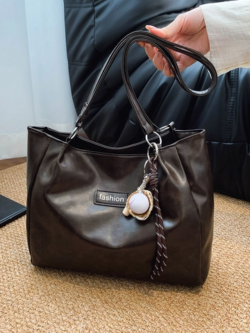 Women Large Capacity Tote Bag PU Leather Minimalist Shoulder Bag With Baseball Sports Pendant Casual Commuter
