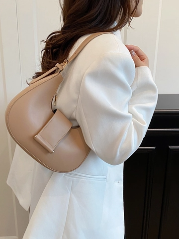 Women Modern Minimalist PU Leather Hobo Bag Solid Color Shoulder Underarm Bag With Gold Hardware Stitching Detail Handbag