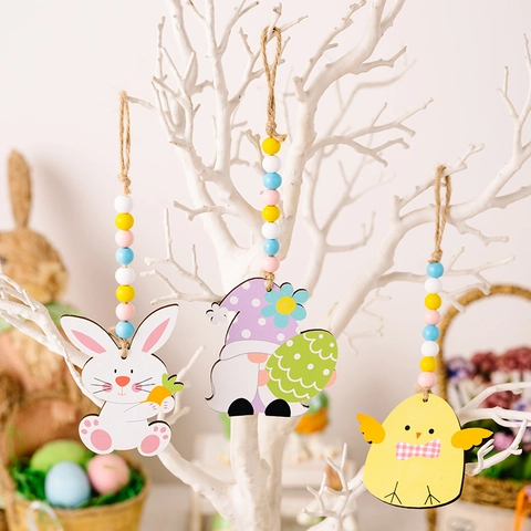 Ostern Holzperlen Girlande Hase Huhn Gnom Holz Hängedekoration Festliche Hausdekoration Feiertag Handwerk Party Geschenk