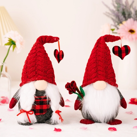 Valentine's Day Gnomes Plush Dolls Red Knitted Hat Plaid Heart Rudolf Ornaments For Home Party Decoration Couple Gift Rose Flower Felt Tomte Gnome