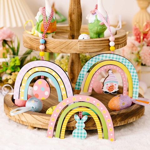 Pascua Arcoíris Adornos Colgantes De Madera Conejo Gnomo Huevo Color Macaron Cinta De Cuadros Cuentas De Madera Decoración