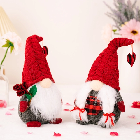 Valentine's Day Gnomes Plush Dolls Red Knitted Hat Plaid Heart Rudolf Ornaments For Home Party Decoration Couple Gift Rose Flower Felt Tomte Gnome