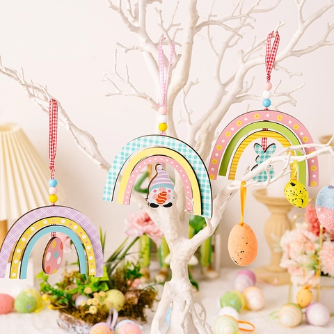 Pascua Arcoíris Adornos Colgantes De Madera Conejo Gnomo Huevo Color Macaron Cinta De Cuadros Cuentas De Madera Decoración