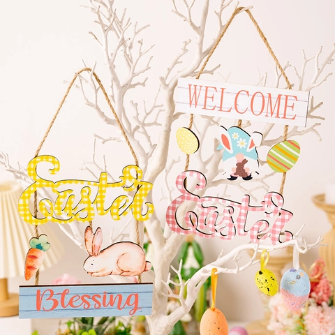 Adorno Colgante De Madera De Pascua Decoración Letrero Bienvenido Bendición Patrón Cuadros Conejo Gnomo Huevo Para Hogar Fiesta Pared