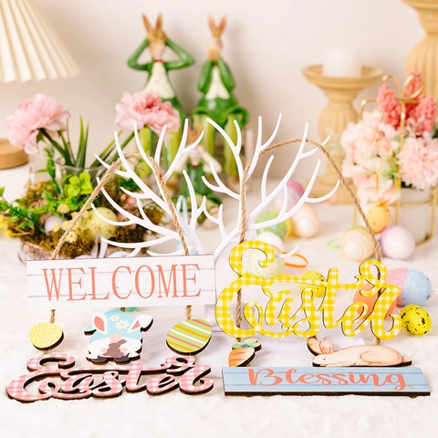 Adorno Colgante De Madera De Pascua Decoración Letrero Bienvenido Bendición Patrón Cuadros Conejo Gnomo Huevo Para Hogar Fiesta Pared