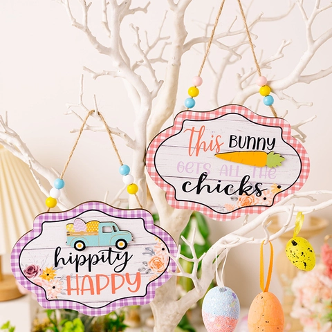 Plaque Suspendue en Bois Pâques Bordure Gingham Perles Bois Lapin Carotte Camion Décoration Murale Porte Rustique