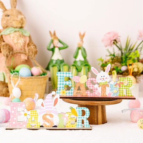 Easter Wooden Letter Table Sign Decoration Bunny Gnome Egg Carrot Ornament Home Party Desktop Wooden Holiday Display