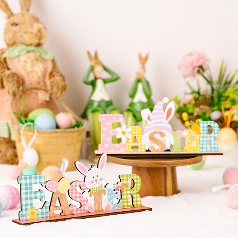 Easter Wooden Letter Table Sign Decoration Bunny Gnome Egg Carrot Ornament Home Party Desktop Wooden Holiday Display
