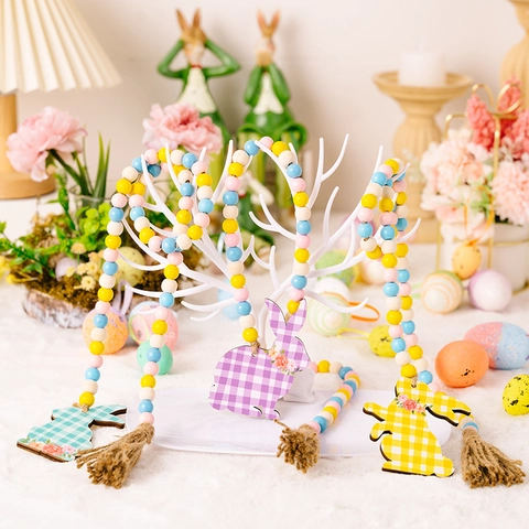 Ghirlanda di Perline in Legno di Pasqua Con Ciondolo a Forma di Coniglio Plaid e Nappe in Corda di Canapa Ornamento Appeso