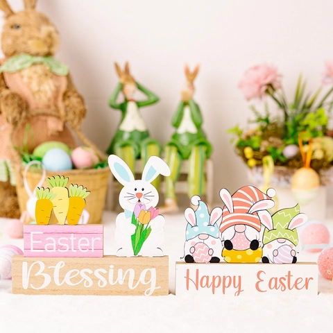 Décoration en Bois de Gnome Lapin de Pâques Joyeuses Pâques Bénédiction Lapin de Table Ornement de Maison de Printemps Carotte
