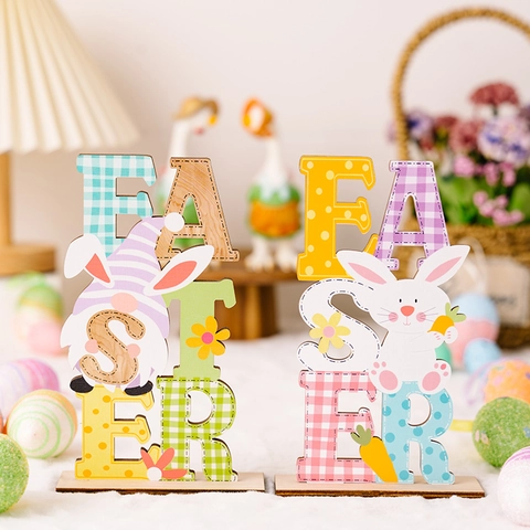 Décoration De Table En Bois De Pâques Lettres Colorées Lapin Carotte Gnome Ornement De Fête Pastel