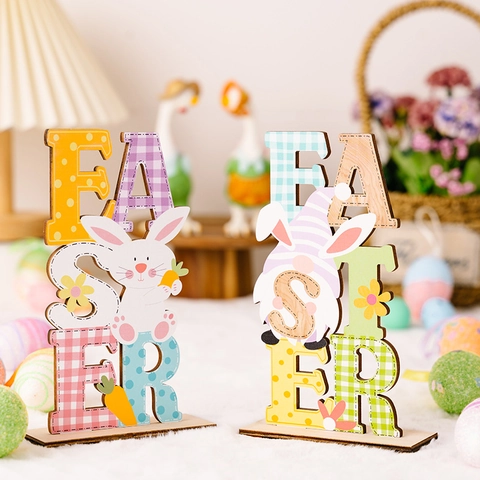 Décoration De Table En Bois De Pâques Lettres Colorées Lapin Carotte Gnome Ornement De Fête Pastel