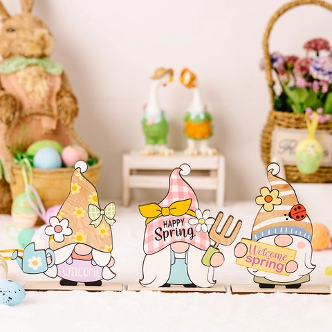 Gnome de Pâques Ornement de Bureau en Bois Coloré Printemps Bienvenue Décoration de Table Pastel Fête Maison
