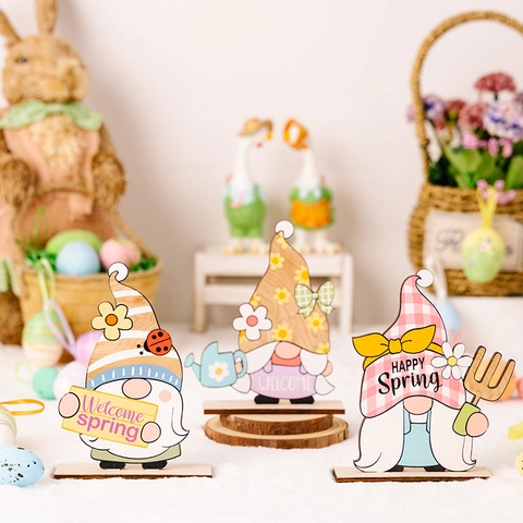 Gnome de Pâques Ornement de Bureau en Bois Coloré Printemps Bienvenue Décoration de Table Pastel Fête Maison