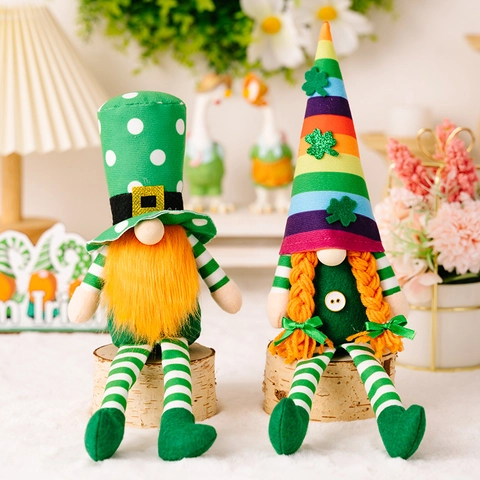 Gnomos del Día de San Patricio Decoraciones de Peluche Sombrero de Arco Iris Trébol Gnomo de la Suerte Irlandés Muñeca Hecha a Mano Piernas Largas