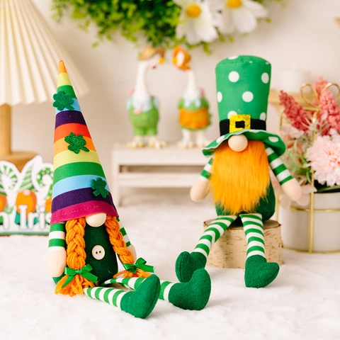 Gnomos del Día de San Patricio Decoraciones de Peluche Sombrero de Arco Iris Trébol Gnomo de la Suerte Irlandés Muñeca Hecha a Mano Piernas Largas