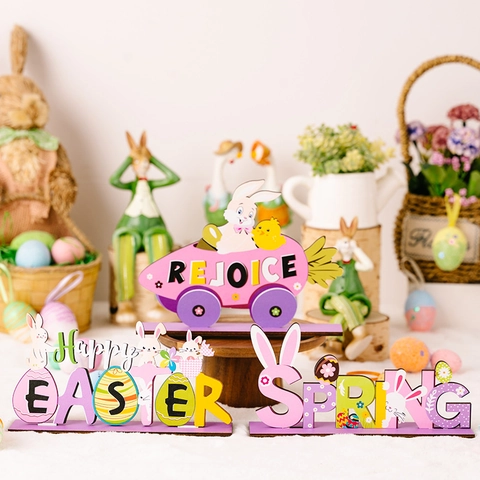 Décorations de Table en Bois de Pâques Panneaux Lettres Découpés au Laser Motifs Lapin Œuf Happy Easter Rejoice Spring Ornements de Table Festifs