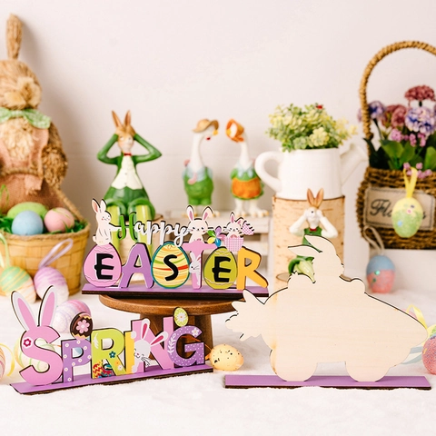 Décorations de Table en Bois de Pâques Panneaux Lettres Découpés au Laser Motifs Lapin Œuf Happy Easter Rejoice Spring Ornements de Table Festifs