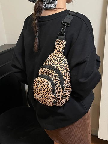 Women Leopard Print Nylon Waist Bag Casual Chest Bag With Adjustable Strap Breathable Compartment For Sports Workout Shopping Shoulder Bag