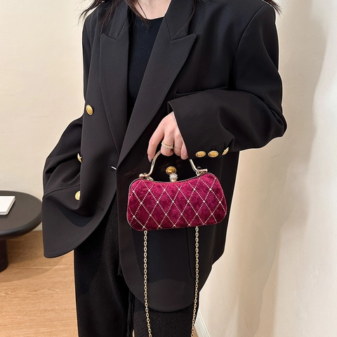 Velvet Evening Bag For Women Rhinestone Quilted Lattice Handbag Metal Handle Lock Closure Crossbody Clutch For Wedding Party